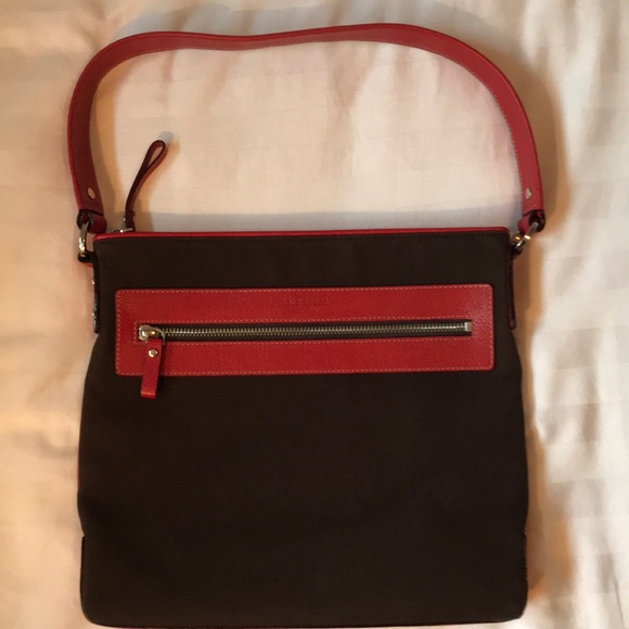 kate spade Handbags - Kate Spade brown canvas w red leather trim top handle bag EUC